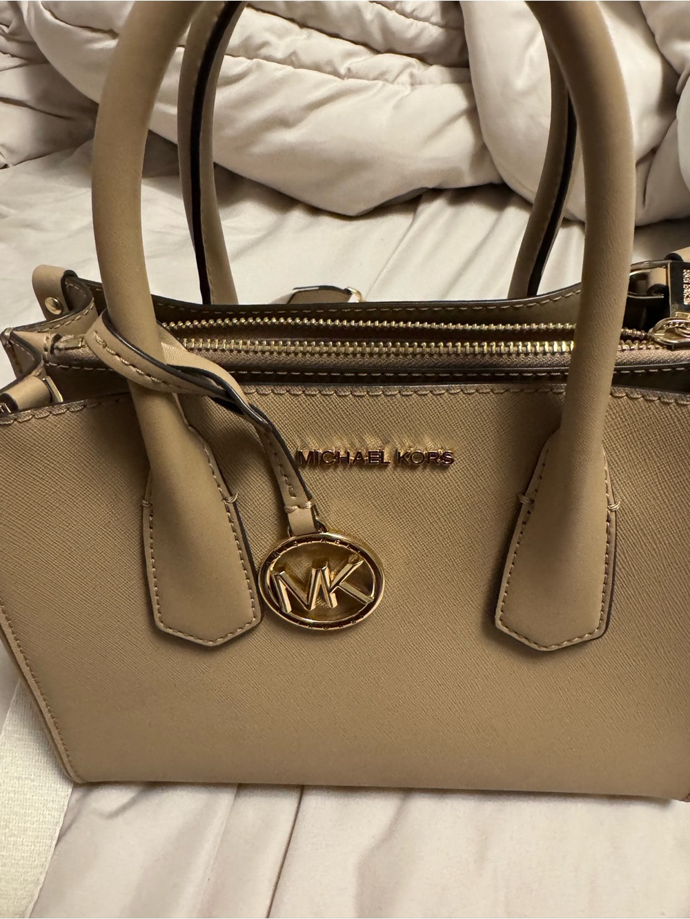 Michael Kors Beige Saffiano Leather Satchel with Gold Hardware